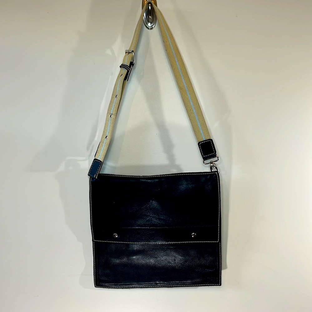Rafe Black Leather mail type bag with canvas buckle strap